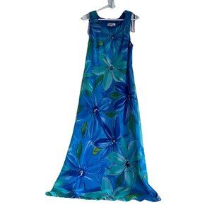 Y2K Studio I Womens Sleeveless Maxi Dress Sz 14 Blue Green Floral Chiffon Fairy
